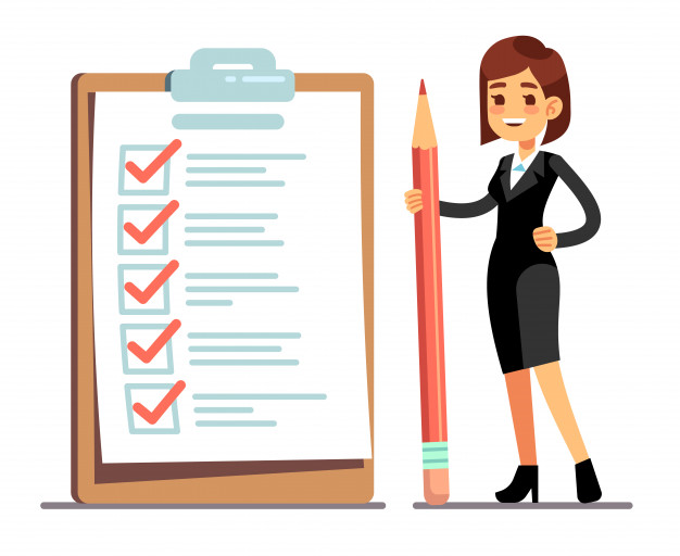happy woman holding pencil giant schedule checklist with tick marks business organization achievements goals vector concept 53562 6500