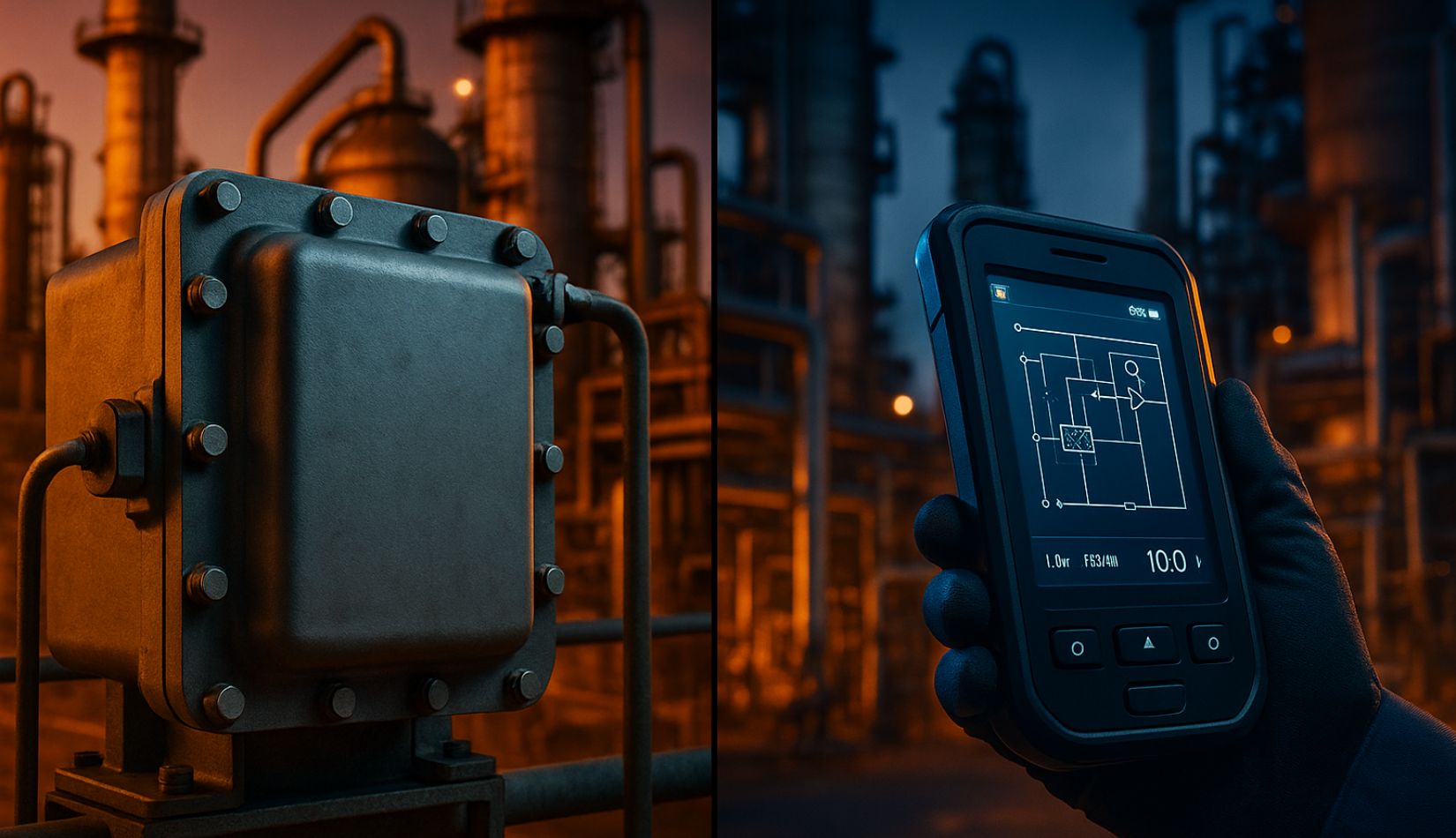 Comparison of explosion-proof and intrinsically safe equipment in industrial setting: heavy-duty bolted enclosure on left beside hand holding intrinsically safe monitoring device displaying circuit diagram on right, with refinery infrastructure in background
