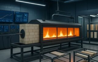 Modern fire testing laboratory featuring a Steiner Tunnel with visible flames through observation windows, digital monitoring screens displaying real-time data, and material samples on testing racks in the foreground with a conditioning room visible in the background