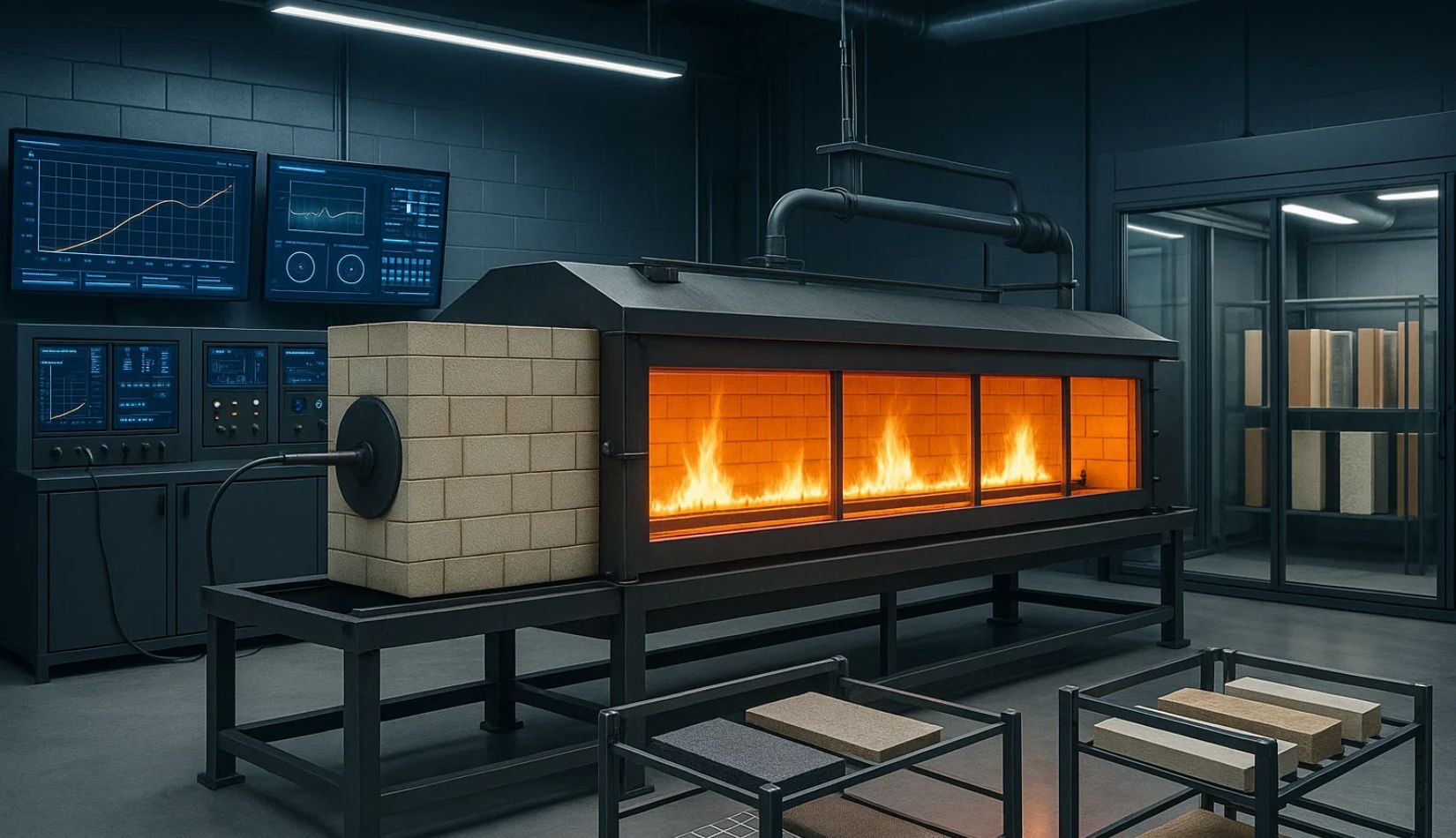 Modern fire testing laboratory featuring a Steiner Tunnel with visible flames through observation windows, digital monitoring screens displaying real-time data, and material samples on testing racks in the foreground with a conditioning room visible in the background