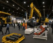 Large indoor mining industry exhibition with heavy machinery on display, including a yellow haul truck and a yellow excavator. Attendees in business clothing and high-vis gear walk through the convention hall under bright overhead lighting. Various mining components and seating areas are arranged around the floor.