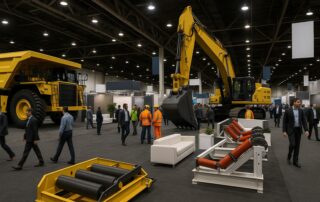 Large indoor mining industry exhibition with heavy machinery on display, including a yellow haul truck and a yellow excavator. Attendees in business clothing and high-vis gear walk through the convention hall under bright overhead lighting. Various mining components and seating areas are arranged around the floor.