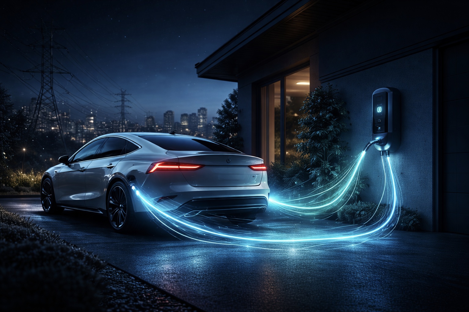 electric car charging at night with labtest blue light effects