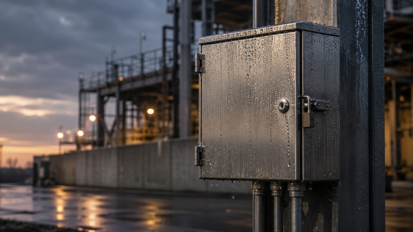 industrial control panel labtest rainy evening lighting reflection