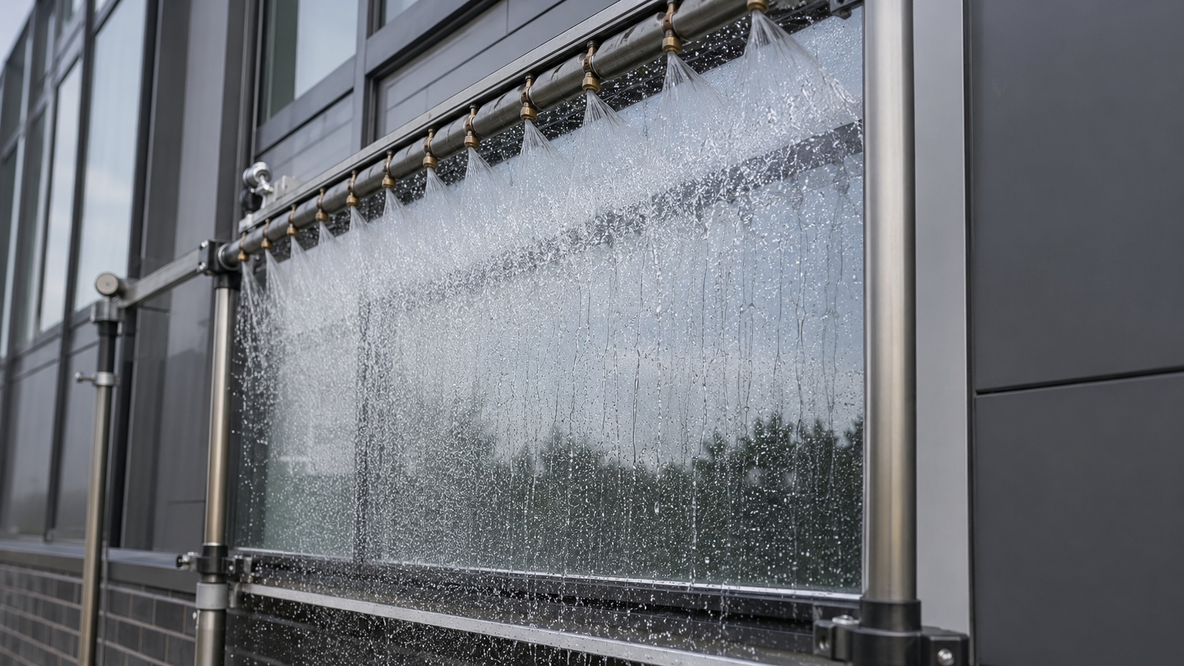 Fenstration testing waterfall experiment on glass panel labtest