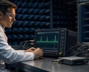 Focused engineer in safety glasses studies RF signal peaks on a spectrum analyzer inside a dark anechoic chamber lined with foam absorbers.