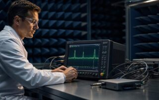 Focused engineer in safety glasses studies RF signal peaks on a spectrum analyzer inside a dark anechoic chamber lined with foam absorbers.