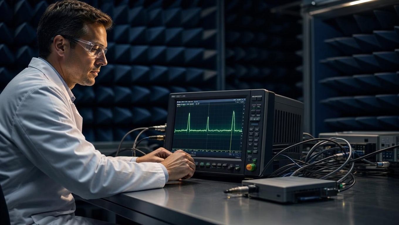 Focused engineer in safety glasses studies RF signal peaks on a spectrum analyzer inside a dark anechoic chamber lined with foam absorbers.